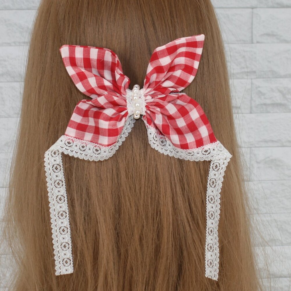 HAND CRAFTED Upcyled Red Gingham Butterfly Hair Bow Oversized Lace Girls White